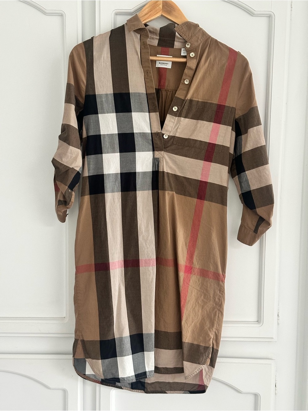 Burberry Tan, Black & Cream Plaid Popover Shirt Dress